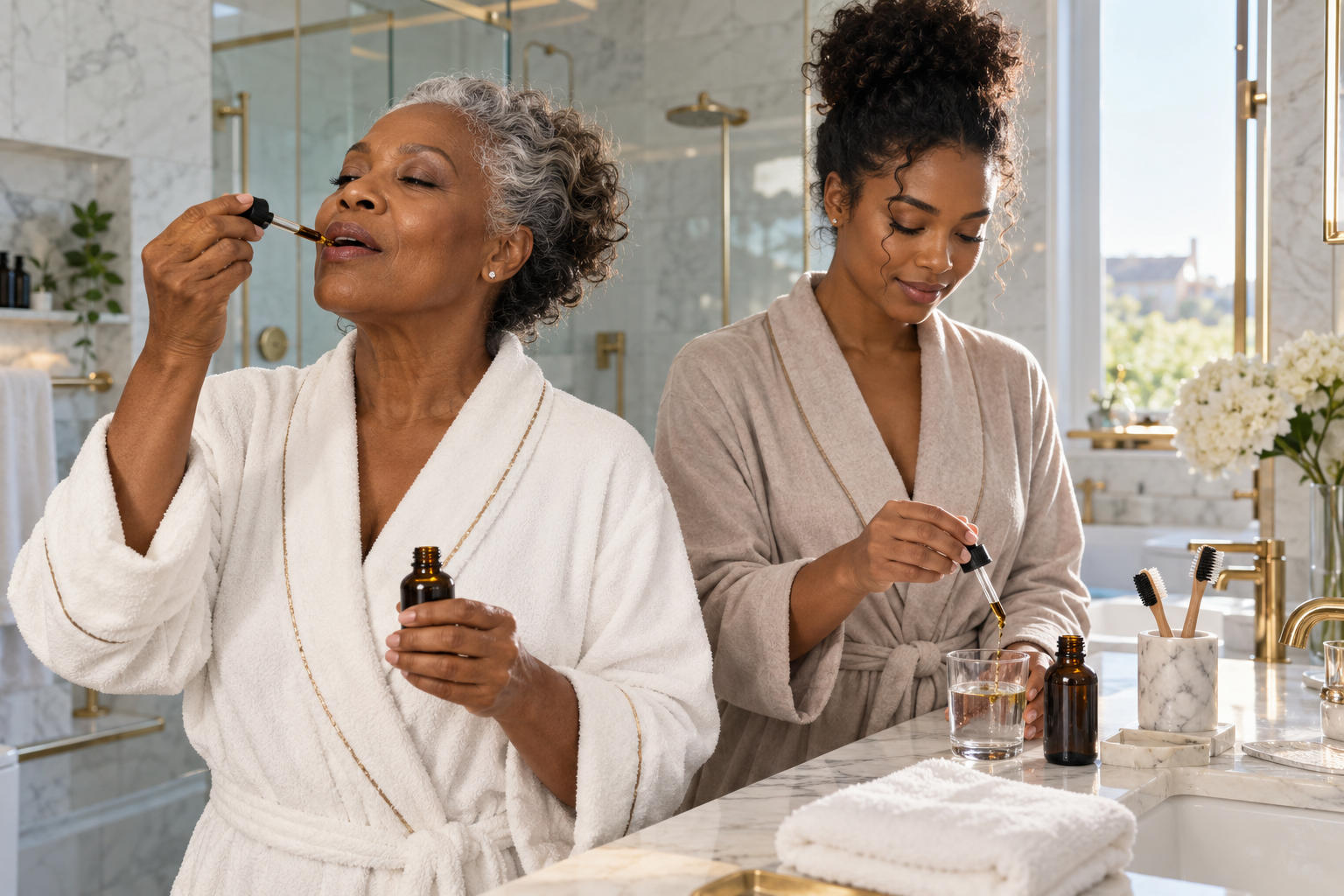 Grandmother and granddaughter taking black seed oil