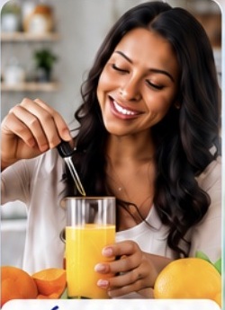 Woman adding black seed oil to juice