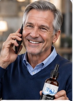 Man on phone holding black seed oil