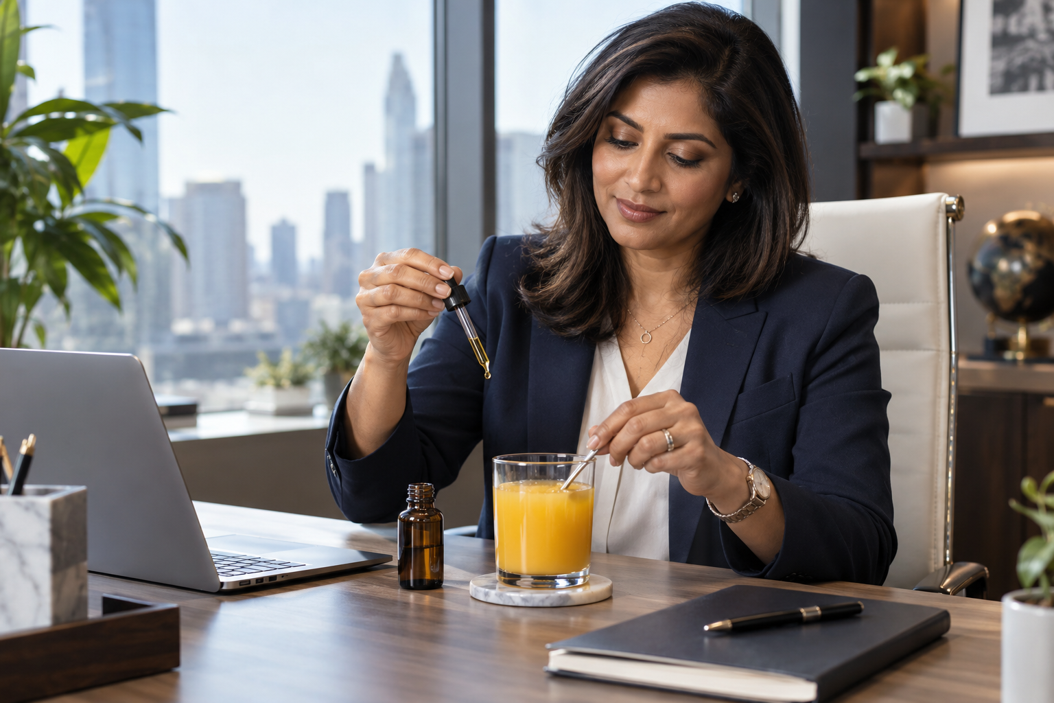 Woman adding black seed oil to orange juice